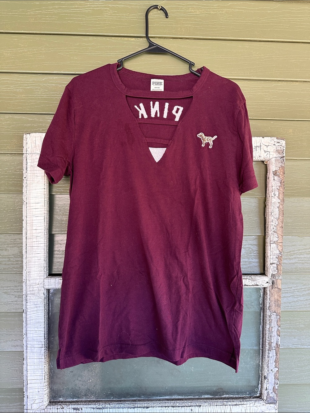 PINK Victoria's Secret Maroon Short Sleeve Tee with Dog Patch